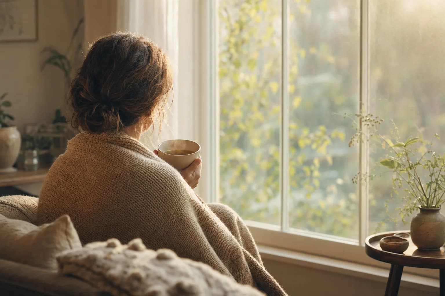 Žena u okna se šálkem bylinného čaje, zabalená v pleteném plédu — klidné ranní zastavení