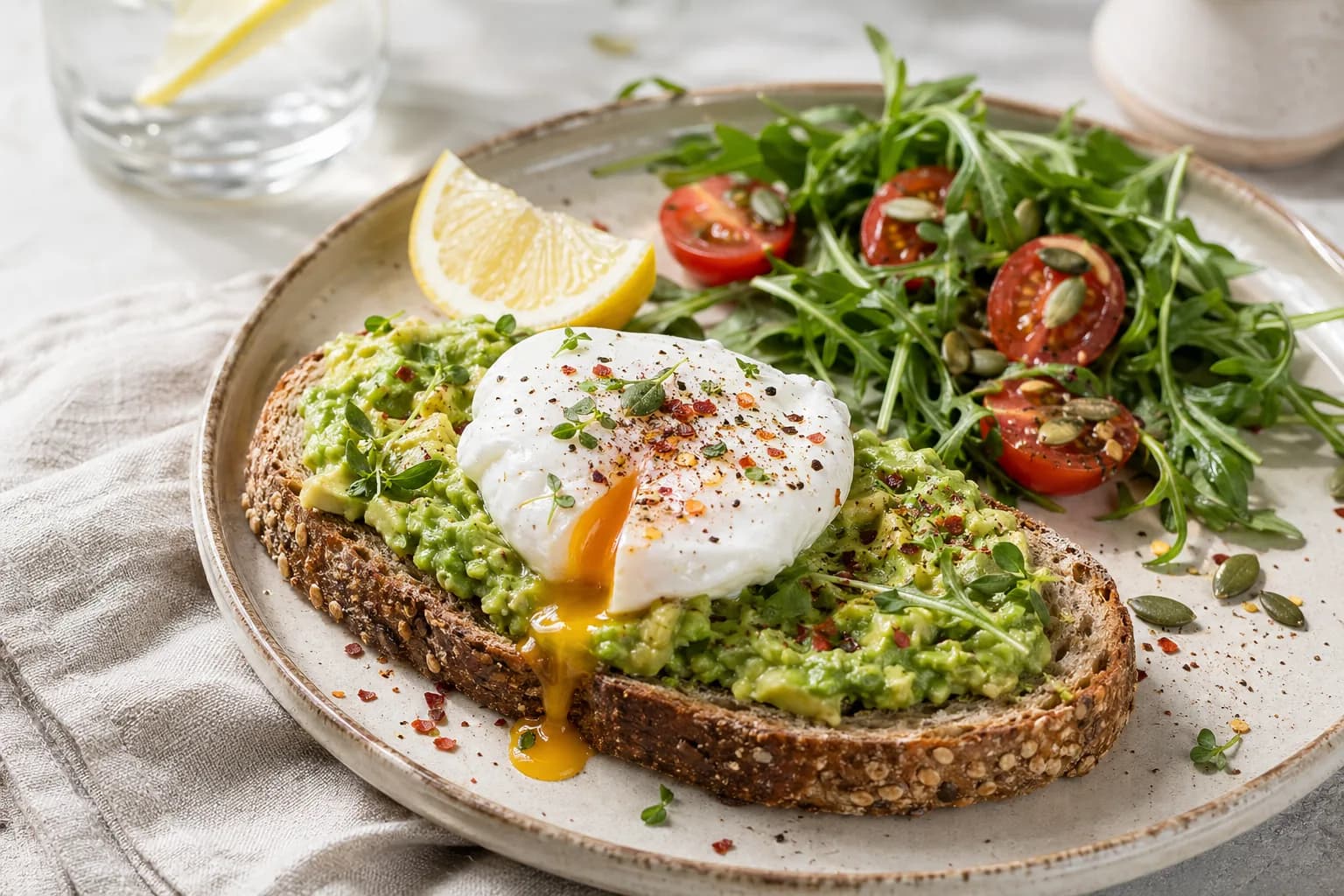 Avokádový toast s pošírovaným vejcem, bylinkami a malým salátem