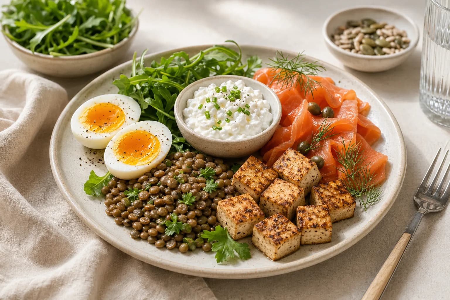 Talíř s vejci, lososem, luštěninami, cottage sýrem, tofu a zelenými listy