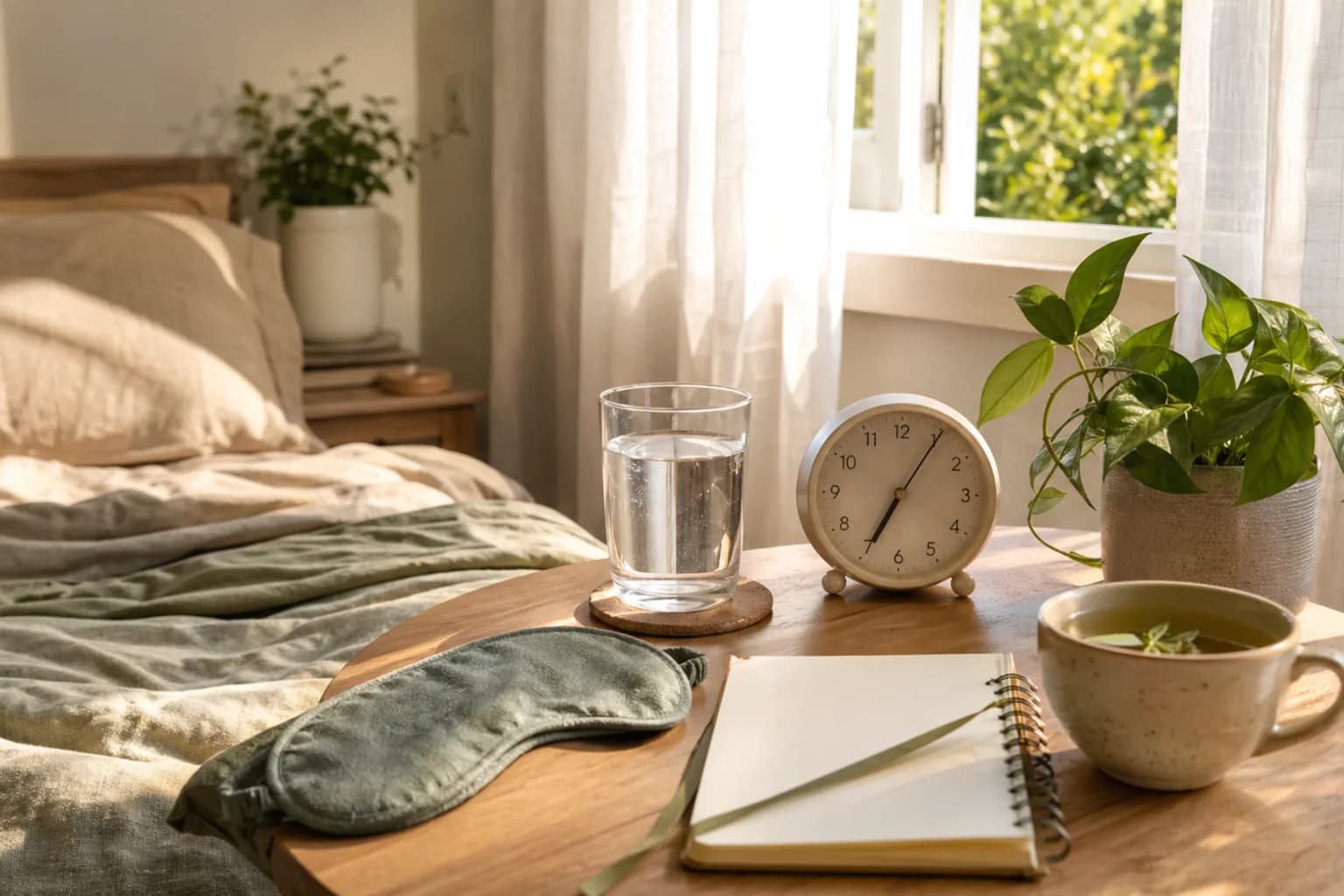 Ranní světlo, sklenice vody a klidný noční stolek pro zdravý cirkadiánní rytmus