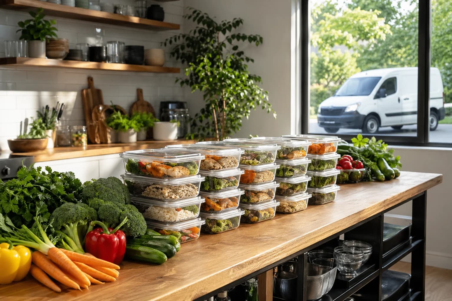 Velký nákup potravin a meal-prep krabičky připravené k převozu