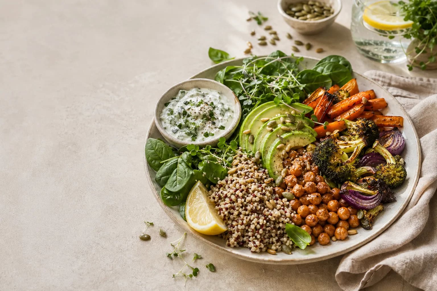 Vyvážený talíř s quinoou, avokádem, pečenou zeleninou a bylinkovým dipem