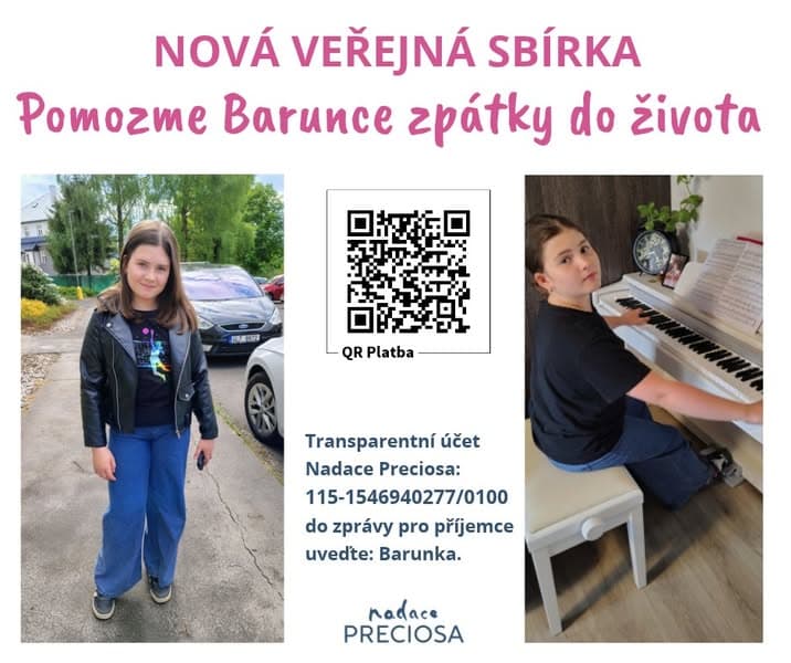 Plakát Nadace Preciosa ke sbírce pro Barunku s QR platbou