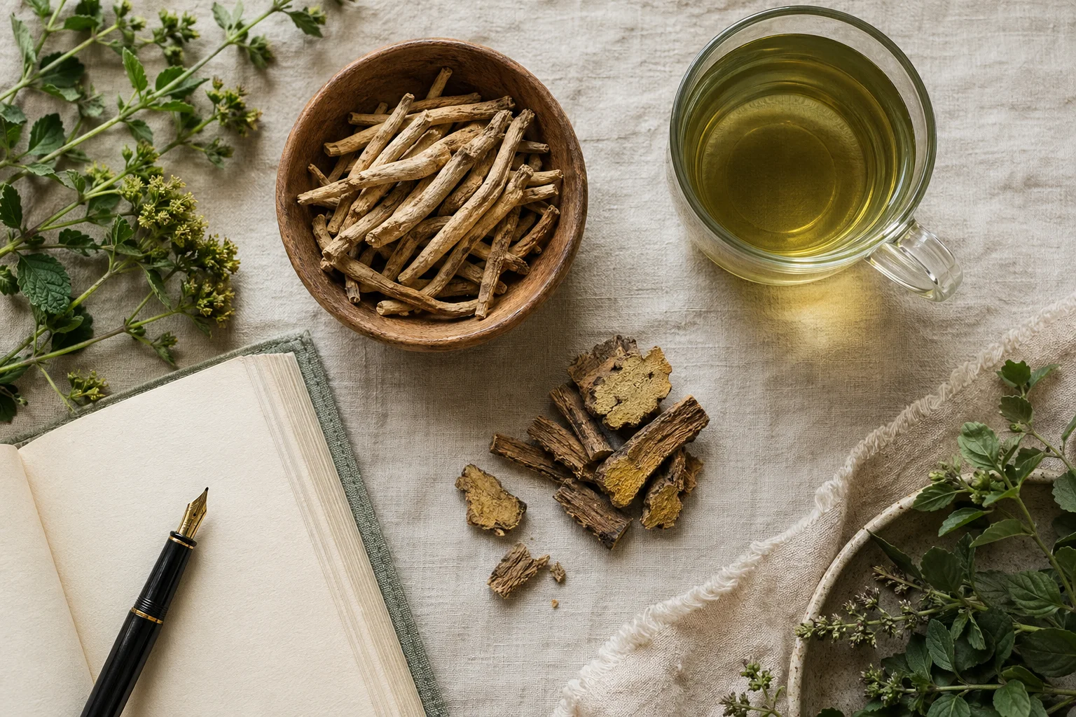 Sušený kořen ashwagandhy a rhodioly ve dřevěné misce, sklenice zeleného čaje a otevřený zápisník — zátiší adaptogenů